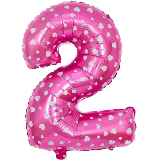 Balon din Folie Metalizata, Figurina Cifra, Imprimeu Inimi, Tema Aniversare 80 cm, Ambalaj Individual, Pai inclus, Umflare cu Aer sau Heliu, Roz, Cifra 2