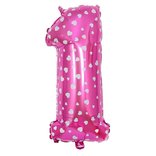 Balon din Folie Metalizata, Figurina Cifra, Imprimeu Inimi, Tema Aniversare 80 cm, Ambalaj Individual, Pai inclus, Umflare cu Aer sau Heliu, Roz, Cifra 1