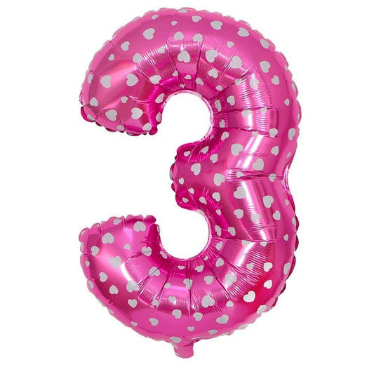 Balon din Folie Metalizata, Figurina Cifra, Imprimeu Inimi, Tema Aniversare 80 cm, Ambalaj Individual, Pai inclus, Umflare cu Aer sau Heliu, Roz, Cifra 3