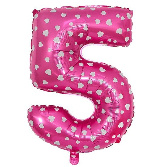 Balon din Folie Metalizata, Figurina Cifra, Imprimeu Inimi, Tema Aniversare 80 cm, Ambalaj Individual, Pai inclus, Umflare cu Aer sau Heliu, Roz, Cifra 5