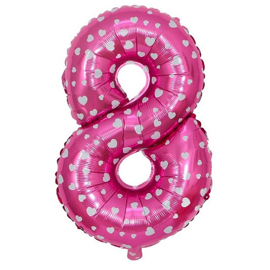 Balon din Folie Metalizata, Figurina Cifra, Imprimeu Inimi, Tema Aniversare 80 cm, Ambalaj Individual, Pai inclus, Umflare cu Aer sau Heliu, Roz, Cifra 8