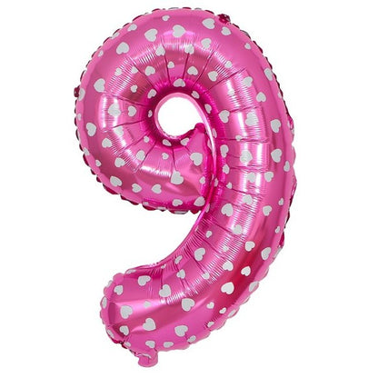 Balon din Folie Metalizata, Figurina Cifra, Imprimeu Inimi, Tema Aniversare 80 cm, Ambalaj Individual, Pai inclus, Umflare cu Aer sau Heliu, Roz, Cifra 9