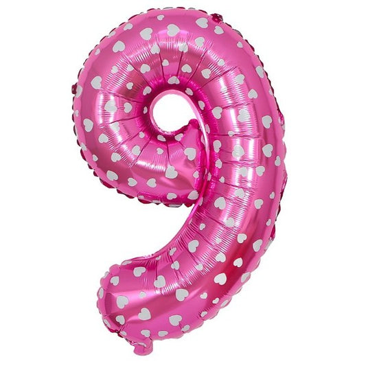 Balon din Folie Metalizata, Figurina Cifra, Imprimeu Inimi, Tema Aniversare 80 cm, Ambalaj Individual, Pai inclus, Umflare cu Aer sau Heliu, Roz, Cifra 9