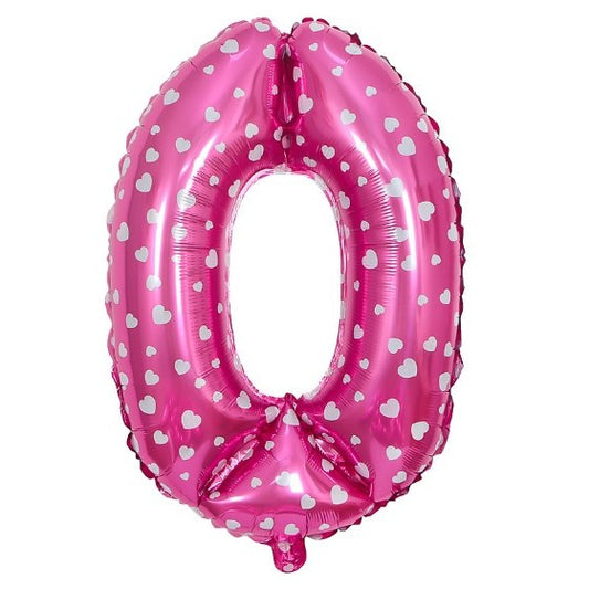 Balon din Folie Metalizata, Figurina Cifra, Imprimeu Inimi, Tema Aniversare 80 cm, Ambalaj Individual, Pai inclus, Umflare cu Aer sau Heliu, Roz, Cifra 0