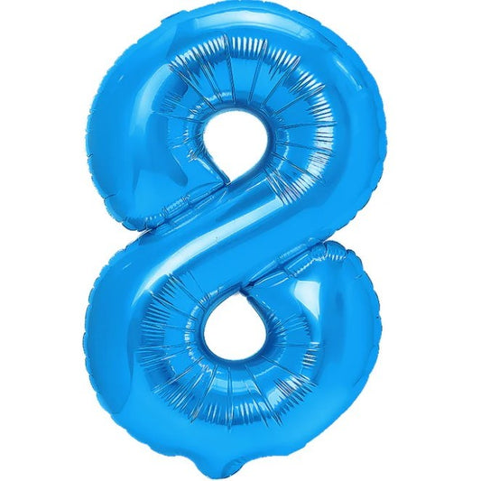 Balon din Folie Metalizata, Figurina Cifra, Tema Aniversare 40 cm, Ambalaj Individual, Pai inclus, Umflare cu Aer sau Heliu, Albastru, Cifra 8