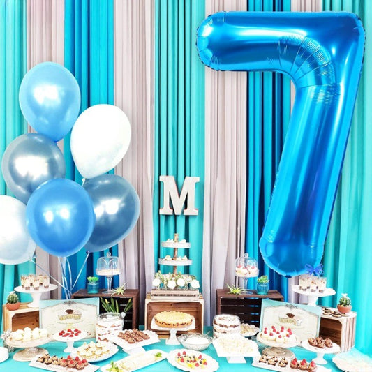 Balon din Folie Metalizata, Figurina Cifra, Tema Aniversare 40 cm, Ambalaj Individual, Pai inclus, Umflare cu Aer sau Heliu, Albastru, Cifra 7