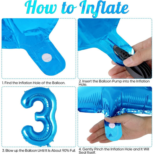 Balon din Folie Metalizata, Figurina Cifra, Tema Aniversare 40 cm, Ambalaj Individual, Pai inclus, Umflare cu Aer sau Heliu, Albastru, Cifra 3