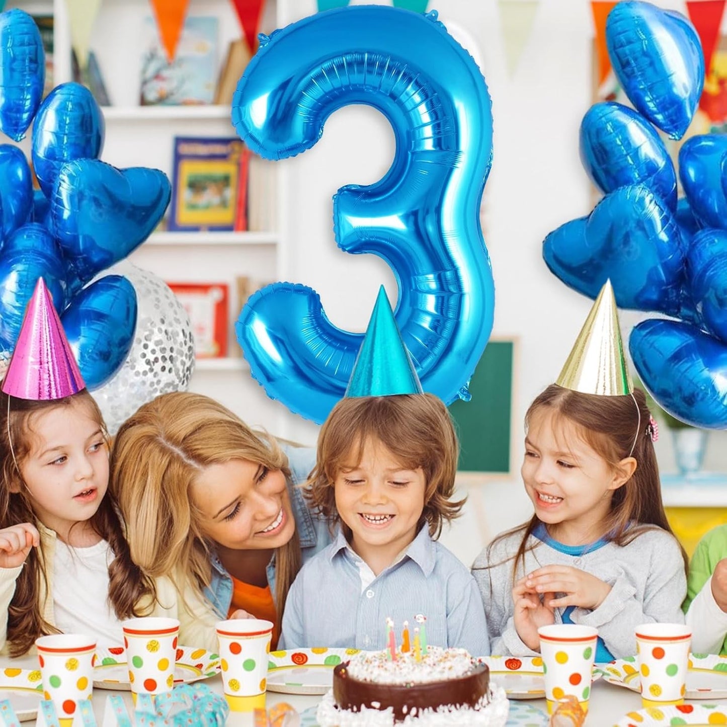 Balon din Folie Metalizata, Figurina Cifra, Tema Aniversare 40 cm, Ambalaj Individual, Pai inclus, Umflare cu Aer sau Heliu, Albastru, Cifra 3