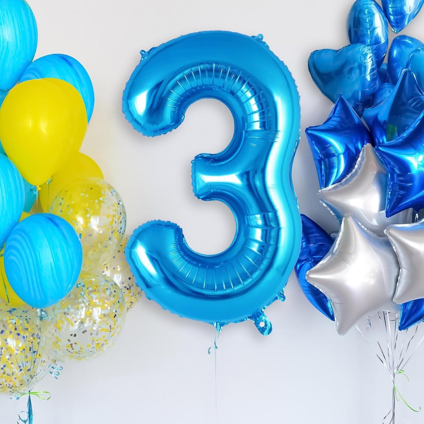 Balon din Folie Metalizata, Figurina Cifra, Tema Aniversare 40 cm, Ambalaj Individual, Pai inclus, Umflare cu Aer sau Heliu, Albastru, Cifra 3