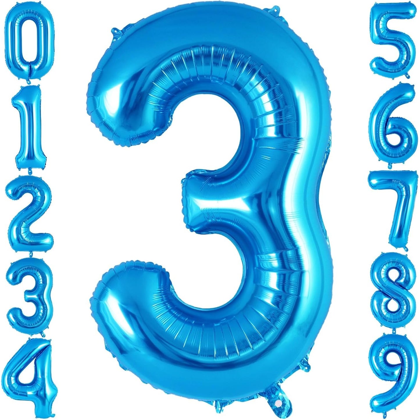 Balon din Folie Metalizata, Figurina Cifra, Tema Aniversare 40 cm, Ambalaj Individual, Pai inclus, Umflare cu Aer sau Heliu, Albastru, Cifra 3