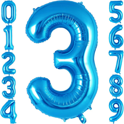 Balon din Folie Metalizata, Figurina Cifra, Tema Aniversare 40 cm, Ambalaj Individual, Pai inclus, Umflare cu Aer sau Heliu, Albastru, Cifra 3