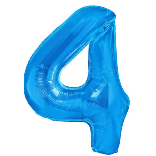 Balon din Folie Metalizata, Figurina Cifra, Tema Aniversare 40 cm, Ambalaj Individual, Pai inclus, Umflare cu Aer sau Heliu, Albastru, Cifra 4