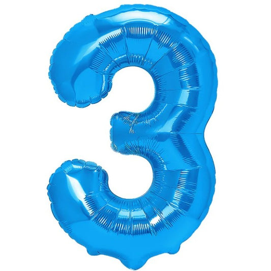 Balon din Folie Metalizata, Figurina Cifra, Tema Aniversare 40 cm, Ambalaj Individual, Pai inclus, Umflare cu Aer sau Heliu, Albastru, Cifra 3