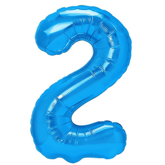 Balon din Folie Metalizata, Figurina Cifra, Tema Aniversare 40 cm, Ambalaj Individual, Pai inclus, Umflare cu Aer sau Heliu, Albastru, Cifra 2