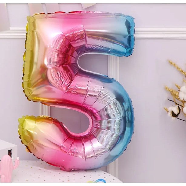 Balon din Folie Metalizata, Figurina Cifra, Tema Aniversare 40 cm, Ambalaj Individual, Pai inclus, Umflare cu Aer sau Heliu, Multicolor, Cifra 5
