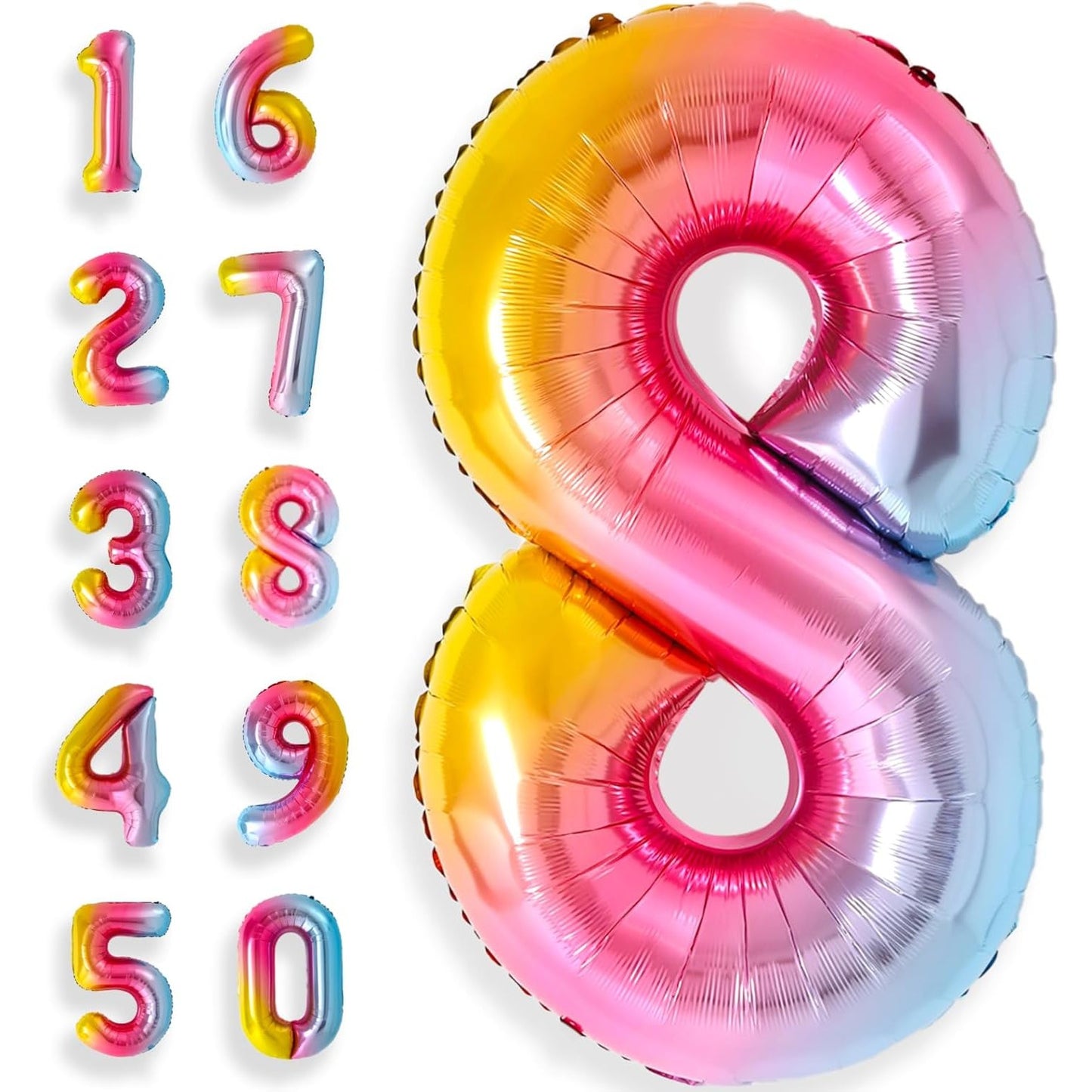Balon din Folie Metalizata, Figurina Cifra, Tema Aniversare 40 cm, Ambalaj Individual, Pai inclus, Umflare cu Aer sau Heliu, Multicolor, Cifra 8