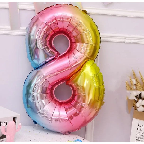 Balon din Folie Metalizata, Figurina Cifra, Tema Aniversare 40 cm, Ambalaj Individual, Pai inclus, Umflare cu Aer sau Heliu, Multicolor, Cifra 8