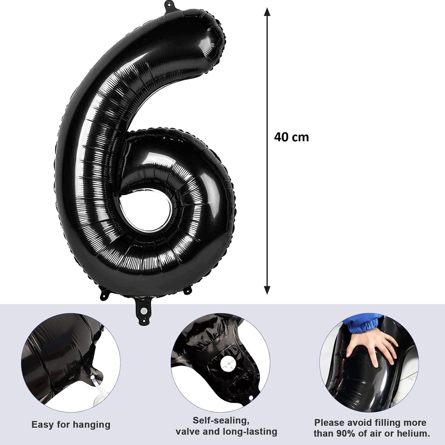 Balon din Folie Metalizata, Figurina Cifra, Tema Aniversare 40 cm, Ambalaj Individual, Pai inclus, Umflare cu Aer sau Heliu, Negru, Cifra 6