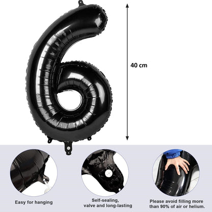 Balon din Folie Metalizata, Figurina Cifra, Tema Aniversare 40 cm, Ambalaj Individual, Pai inclus, Umflare cu Aer sau Heliu, Negru, Cifra 6