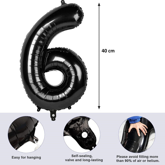 Balon din Folie Metalizata, Figurina Cifra, Tema Aniversare 40 cm, Ambalaj Individual, Pai inclus, Umflare cu Aer sau Heliu, Negru, Cifra 6