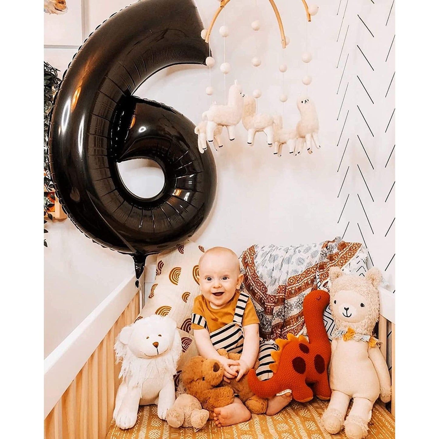 Balon din Folie Metalizata, Figurina Cifra, Tema Aniversare 40 cm, Ambalaj Individual, Pai inclus, Umflare cu Aer sau Heliu, Negru, Cifra 6
