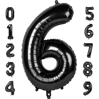 Balon din Folie Metalizata, Figurina Cifra, Tema Aniversare 40 cm, Ambalaj Individual, Pai inclus, Umflare cu Aer sau Heliu, Negru, Cifra 6