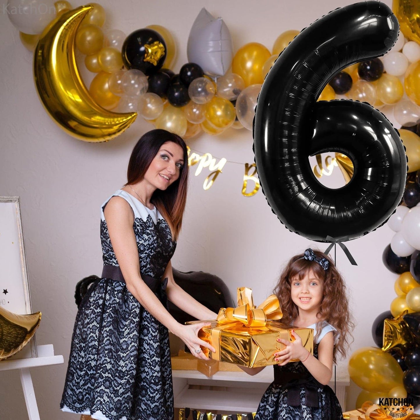 Balon din Folie Metalizata, Figurina Cifra, Tema Aniversare 40 cm, Ambalaj Individual, Pai inclus, Umflare cu Aer sau Heliu, Negru, Cifra 6