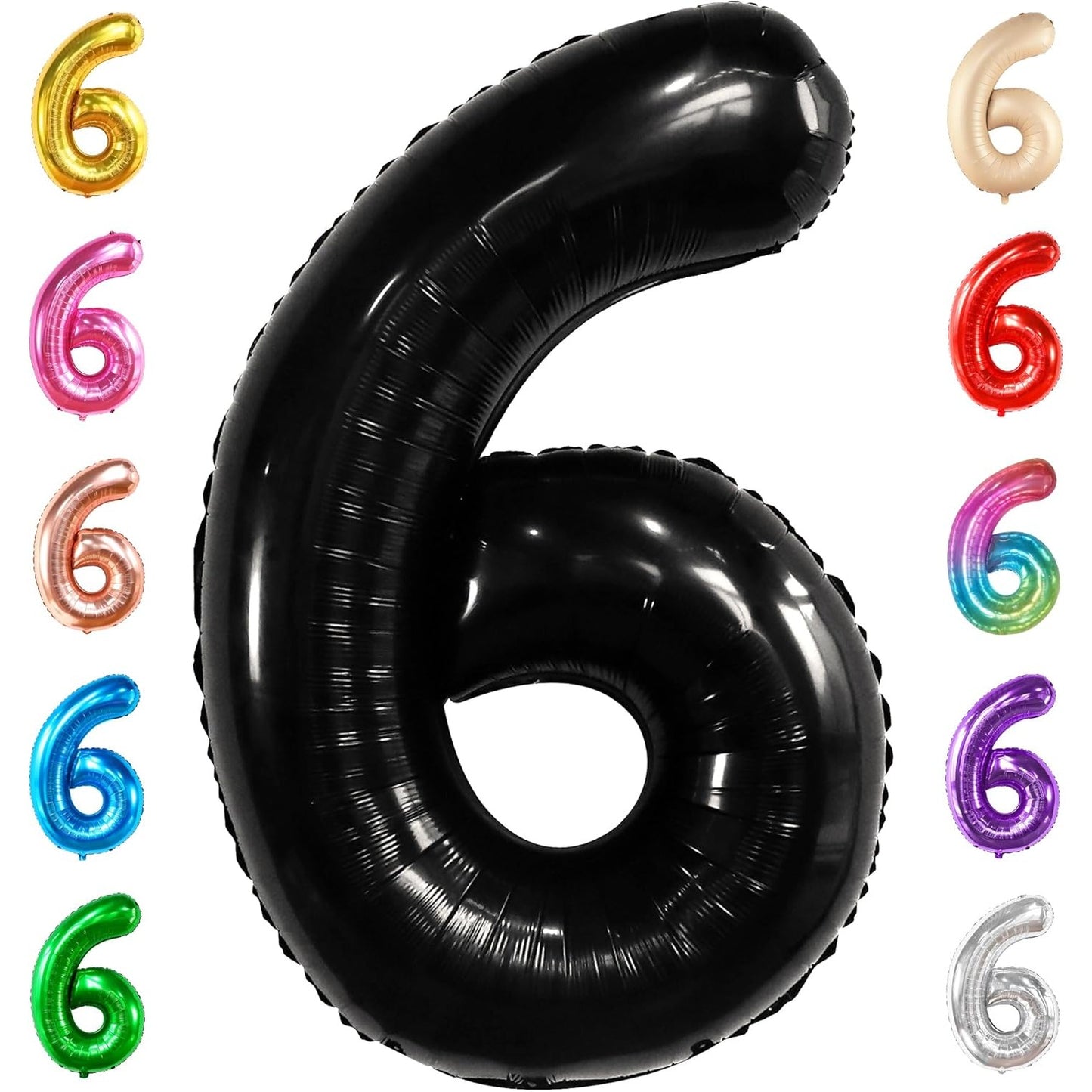 Balon din Folie Metalizata, Figurina Cifra, Tema Aniversare 40 cm, Ambalaj Individual, Pai inclus, Umflare cu Aer sau Heliu, Negru, Cifra 6