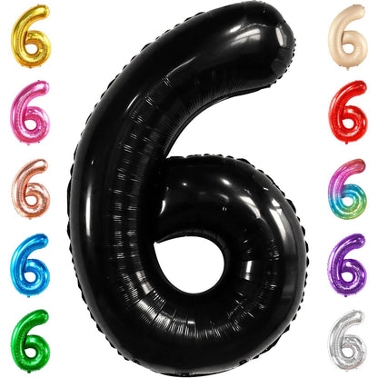 Balon din Folie Metalizata, Figurina Cifra, Tema Aniversare 40 cm, Ambalaj Individual, Pai inclus, Umflare cu Aer sau Heliu, Negru, Cifra 6