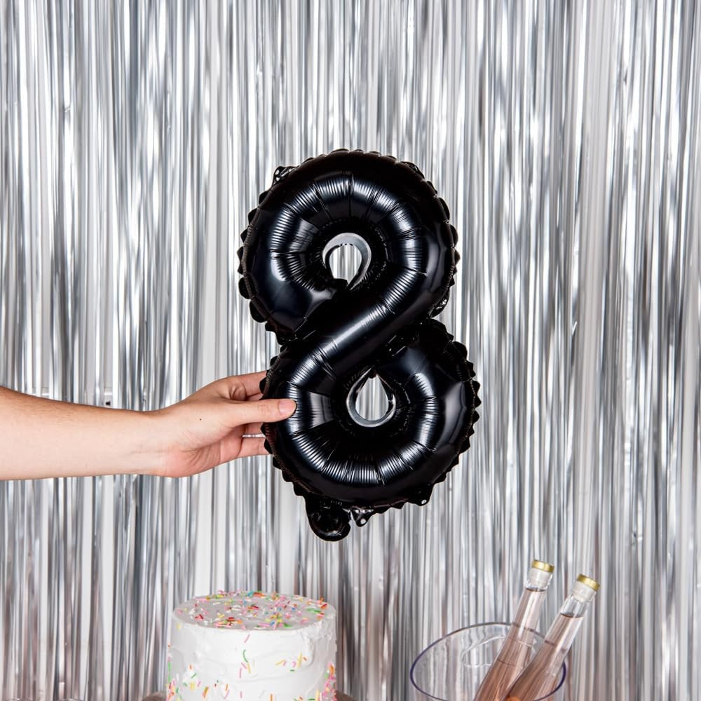 Balon din Folie Metalizata, Figurina Cifra, Tema Aniversare 40 cm, Ambalaj Individual, Pai inclus, Umflare cu Aer sau Heliu, Negru, Cifra 8