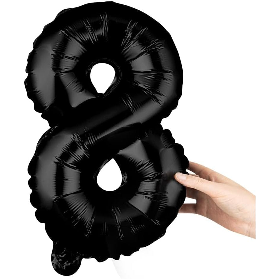 Balon din Folie Metalizata, Figurina Cifra, Tema Aniversare 40 cm, Ambalaj Individual, Pai inclus, Umflare cu Aer sau Heliu, Negru, Cifra 8