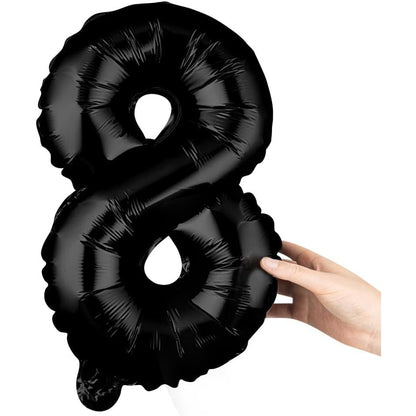 Balon din Folie Metalizata, Figurina Cifra, Tema Aniversare 40 cm, Ambalaj Individual, Pai inclus, Umflare cu Aer sau Heliu, Negru, Cifra 8