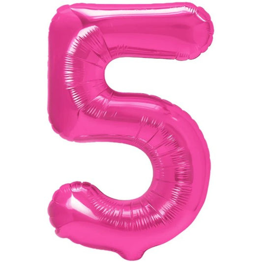 Balon din Folie Metalizata, Figurina Cifra, Tema Aniversare 40 cm, Ambalaj Individual, Pai inclus, Umflare cu Aer sau Heliu, Roz, Cifra 5