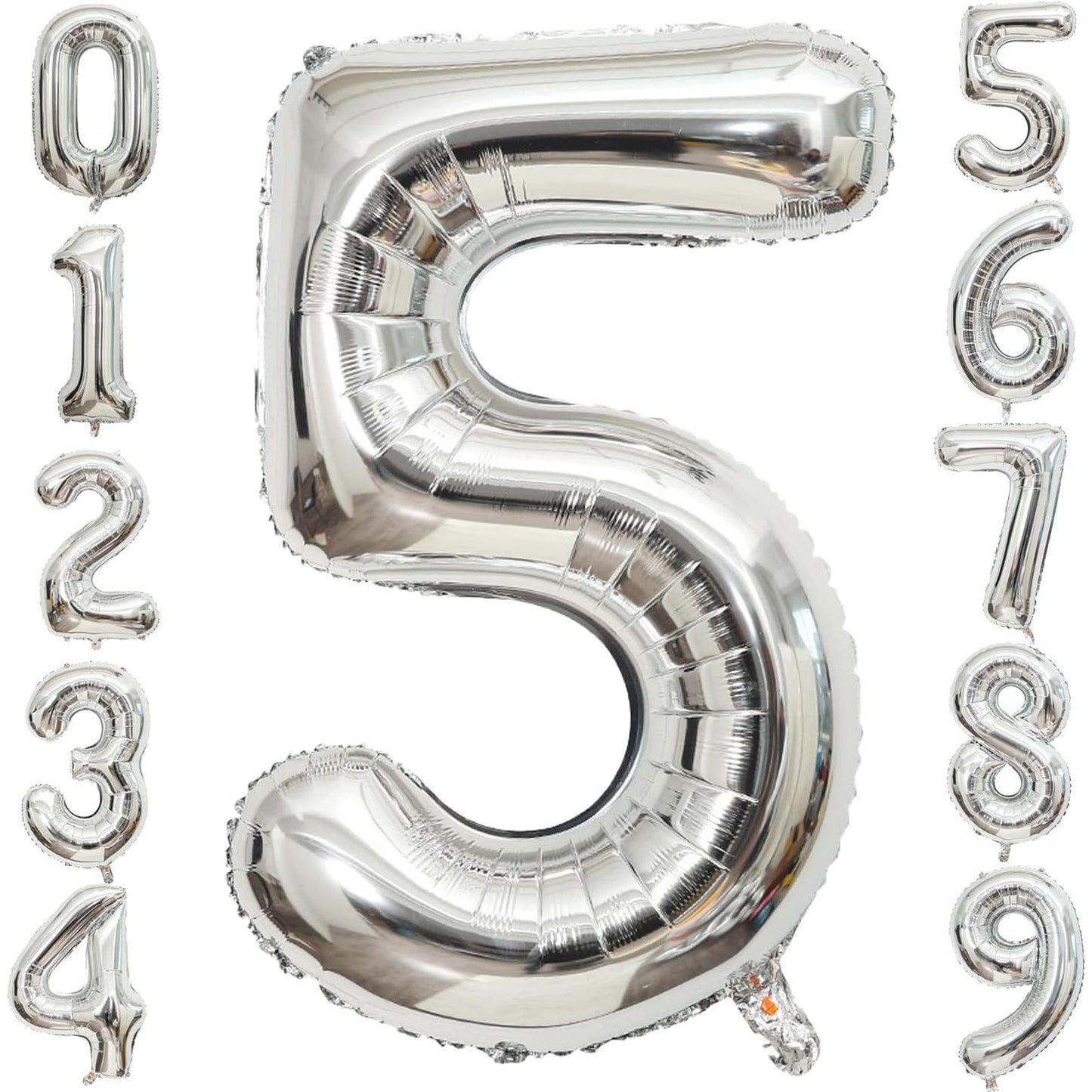 Balon din Folie Metalizata, Figurina Cifra, Tema Aniversare 40 cm, Ambalaj Individual, Pai inclus, Umflare cu Aer sau Heliu, Argintiu, Cifra 5