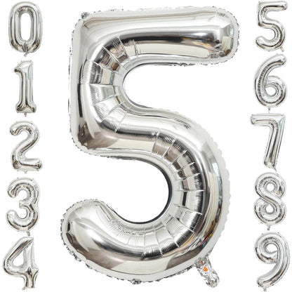 Balon din Folie Metalizata, Figurina Cifra, Tema Aniversare 40 cm, Ambalaj Individual, Pai inclus, Umflare cu Aer sau Heliu, Argintiu, Cifra 5