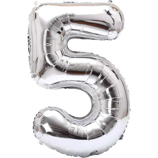 Balon din Folie Metalizata, Figurina Cifra, Tema Aniversare 40 cm, Ambalaj Individual, Pai inclus, Umflare cu Aer sau Heliu, Argintiu, Cifra 5