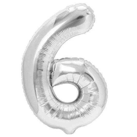 Balon din Folie Metalizata, Figurina Cifra, Tema Aniversare 40 cm, Ambalaj Individual, Pai inclus, Umflare cu Aer sau Heliu, Argintiu, Cifra 6