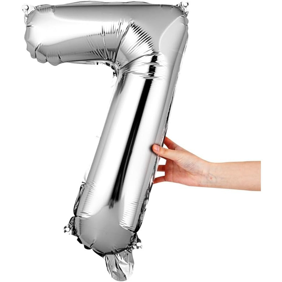 Balon din Folie Metalizata, Figurina Cifra, Tema Aniversare 40 cm, Ambalaj Individual, Pai inclus, Umflare cu Aer sau Heliu, Argintiu, Cifra 7