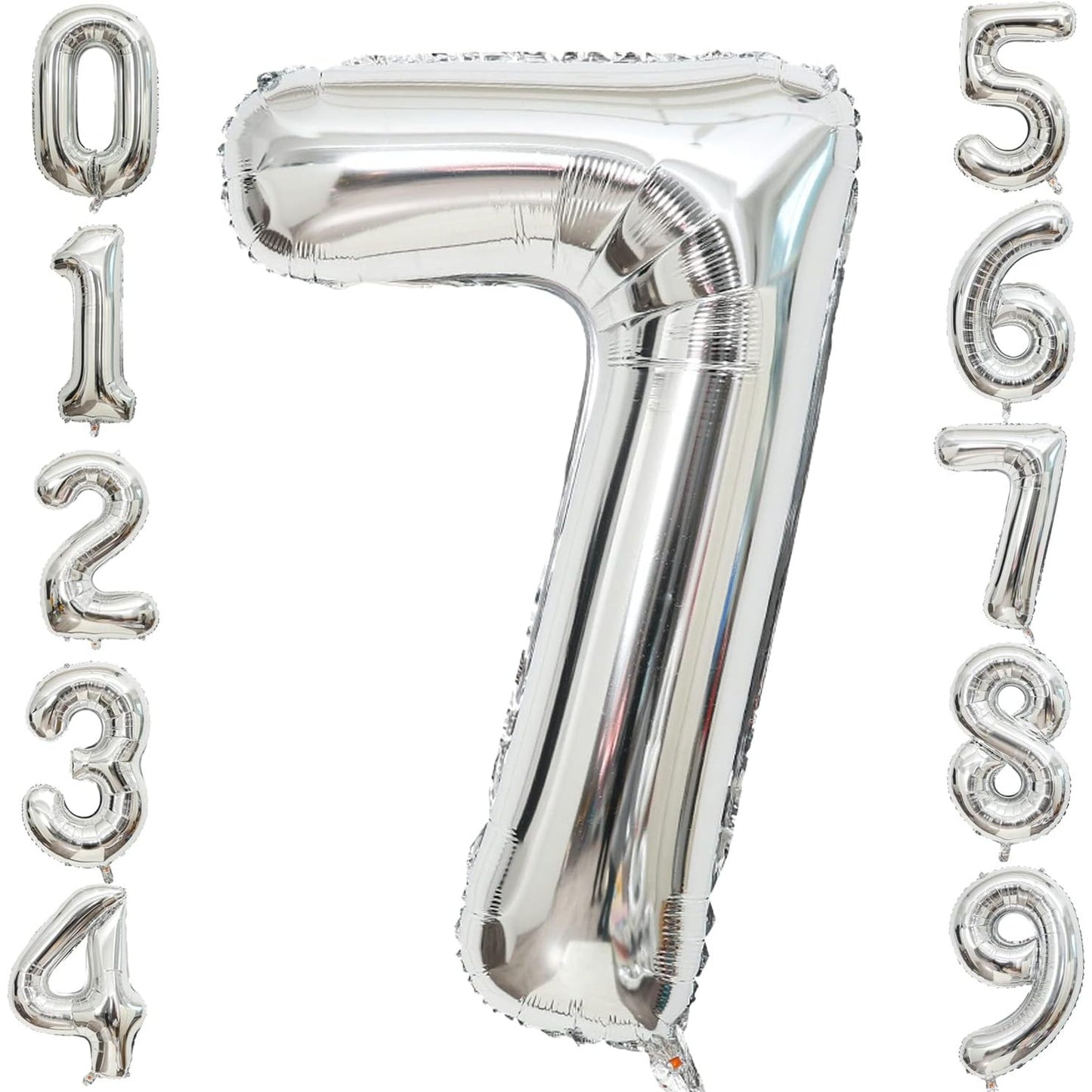 Balon din Folie Metalizata, Figurina Cifra, Tema Aniversare 40 cm, Ambalaj Individual, Pai inclus, Umflare cu Aer sau Heliu, Argintiu, Cifra 7