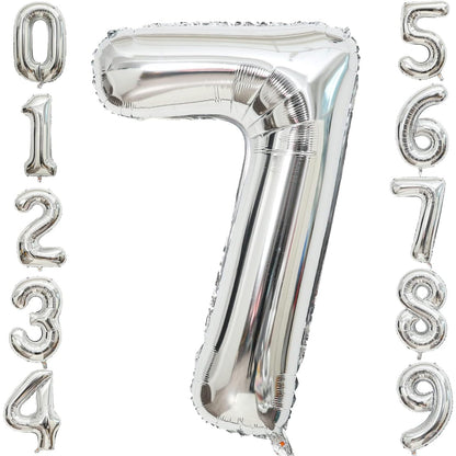 Balon din Folie Metalizata, Figurina Cifra, Tema Aniversare 40 cm, Ambalaj Individual, Pai inclus, Umflare cu Aer sau Heliu, Argintiu, Cifra 7