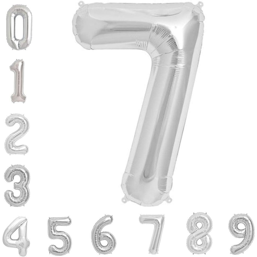 Balon din Folie Metalizata, Figurina Cifra, Tema Aniversare 40 cm, Ambalaj Individual, Pai inclus, Umflare cu Aer sau Heliu, Argintiu, Cifra 7