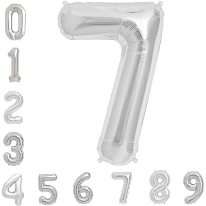 Balon din Folie Metalizata, Figurina Cifra, Tema Aniversare 40 cm, Ambalaj Individual, Pai inclus, Umflare cu Aer sau Heliu, Argintiu, Cifra 7