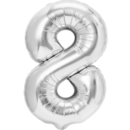 Balon din Folie Metalizata, Figurina Cifra, Tema Aniversare 40 cm, Ambalaj Individual, Pai inclus, Umflare cu Aer sau Heliu, Argintiu, Cifra 8