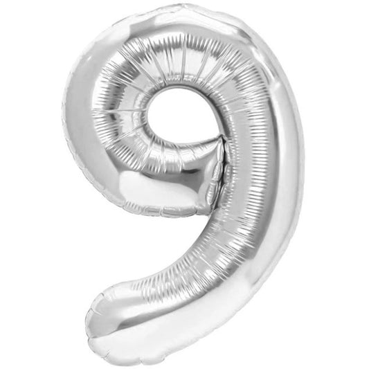 Balon din Folie Metalizata, Figurina Cifra, Tema Aniversare 40 cm, Ambalaj Individual, Pai inclus, Umflare cu Aer sau Heliu, Argintiu, Cifra 9