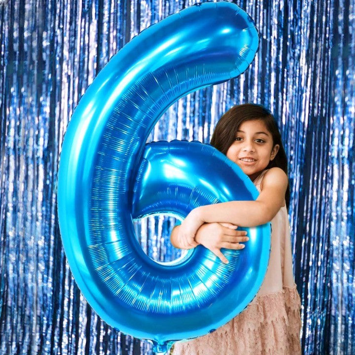 Balon din Folie Metalizata, Figurina Cifra, Tema Aniversare 80 cm, Ambalaj Individual, Pai inclus, Umflare cu Aer sau Heliu, Albastru, Cifra 6