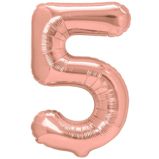 Balon din Folie Metalizata, Figurina Cifra, Tema Aniversare 80 cm, Ambalaj Individual, Pai inclus, Umflare cu Aer sau Heliu, Rose, Cifra 5