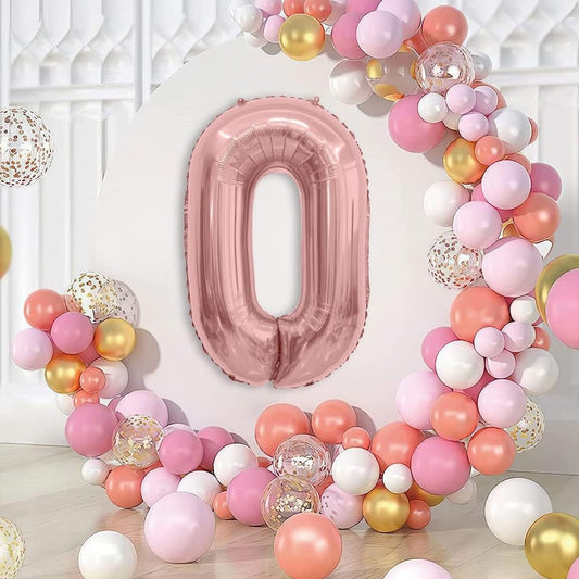Balon din Folie Metalizata, Figurina Cifra, Tema Aniversare 80 cm, Ambalaj Individual, Pai inclus, Umflare cu Aer sau Heliu, Rose, Cifra 0