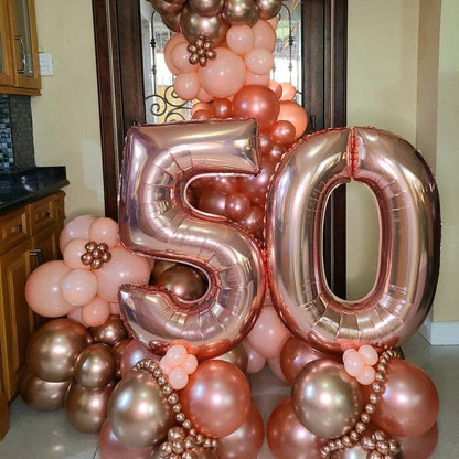 Balon din Folie Metalizata, Figurina Cifra, Tema Aniversare 80 cm, Ambalaj Individual, Pai inclus, Umflare cu Aer sau Heliu, Rose, Cifra 0