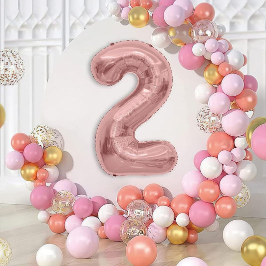 Balon din Folie Metalizata, Figurina Cifra, Tema Aniversare 80 cm, Ambalaj Individual, Pai inclus, Umflare cu Aer sau Heliu, Rose, Cifra 2