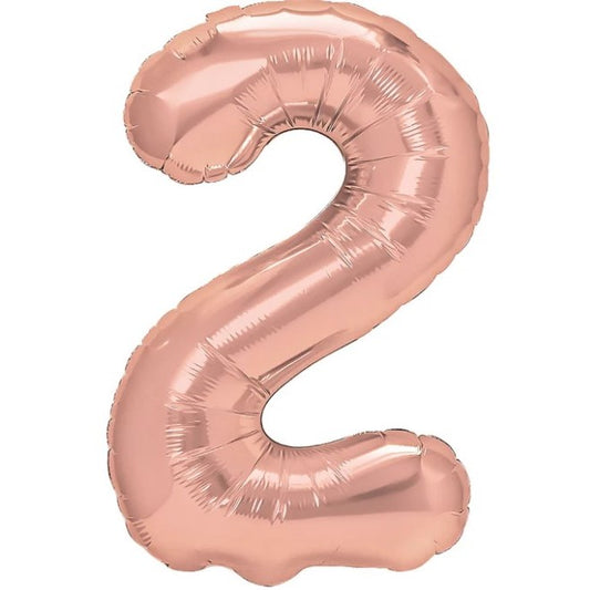 Balon din Folie Metalizata, Figurina Cifra, Tema Aniversare 80 cm, Ambalaj Individual, Pai inclus, Umflare cu Aer sau Heliu, Rose, Cifra 2